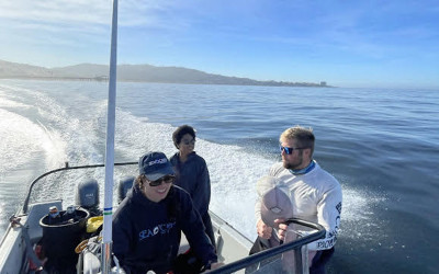 The market squid field research team heading out to dive on a market squid aggregation.